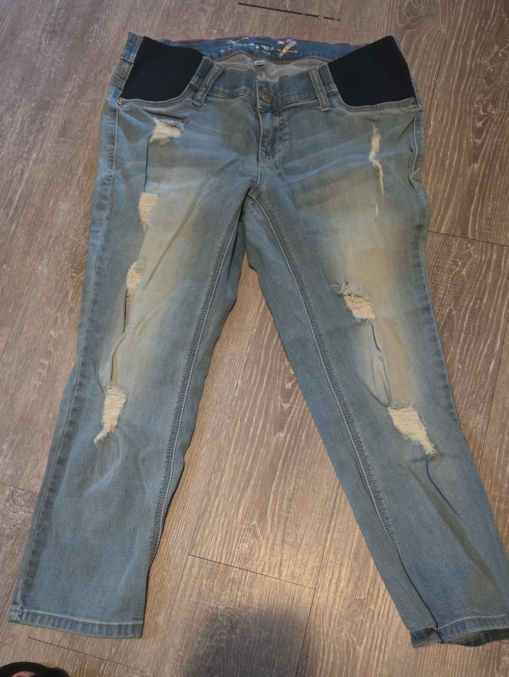7 For All Mankind Light Blue Distressed Maternity Jeans with Black Waist Panels